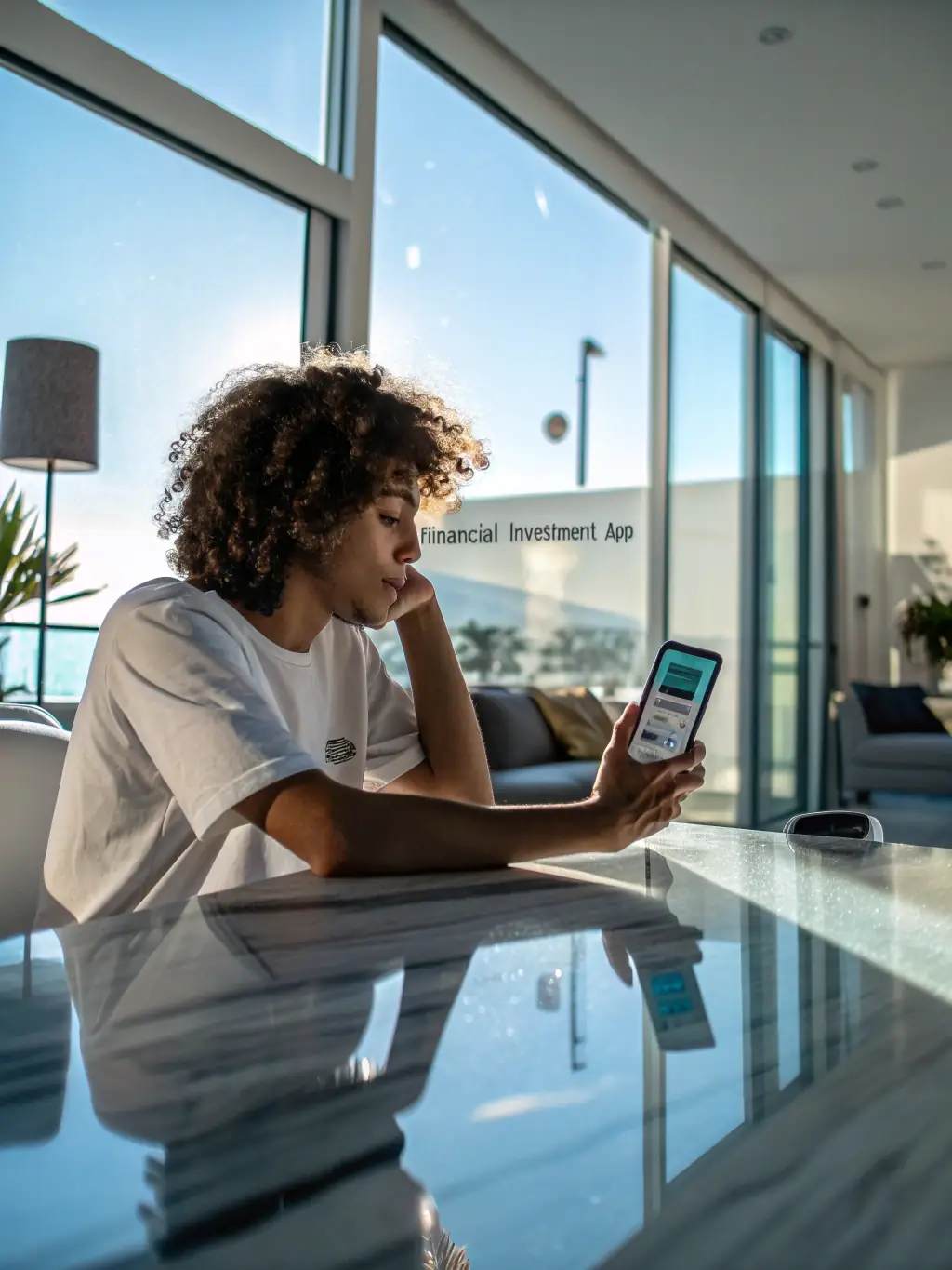 A student is confidently managing their investment portfolio on a smartphone app, showcasing the ease and accessibility of modern financial tools.