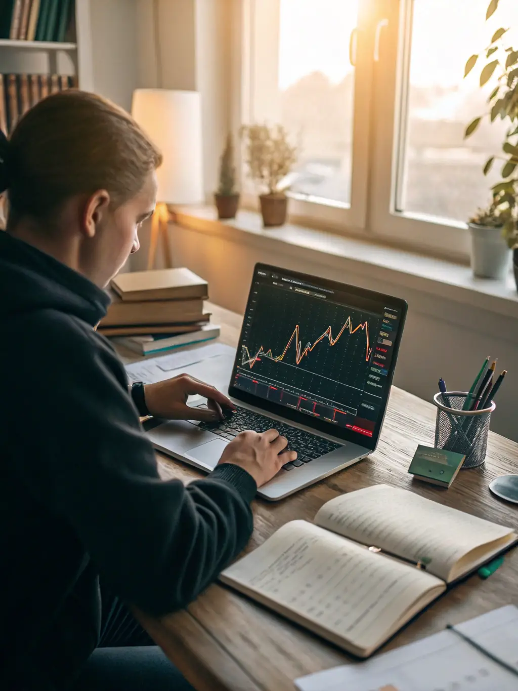 A student is using a laptop to analyze stock market data, with a focus on identifying potential investment opportunities, set in a vibrant co-working space.