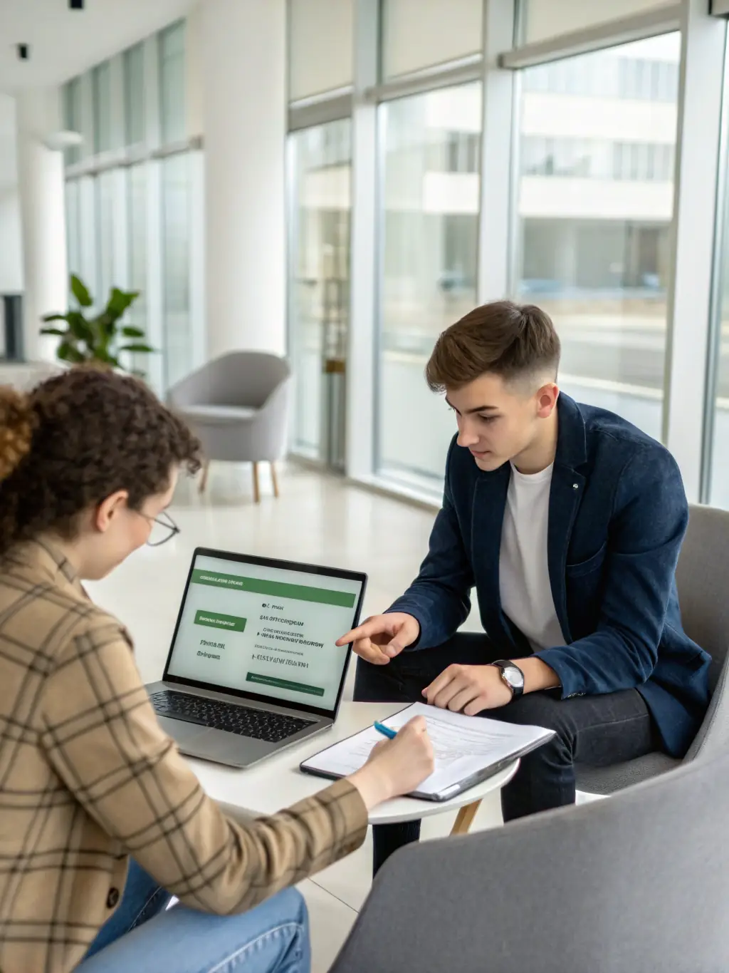A student is consulting with a financial advisor, discussing investment plans and strategies, set in a modern office environment.