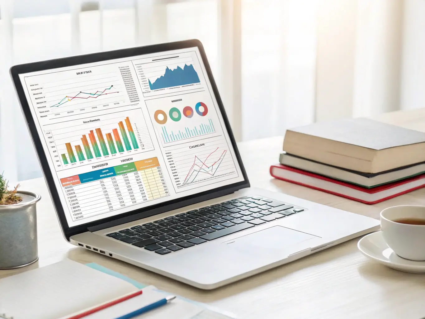 A student confidently managing their finances on a laptop, with charts and graphs illustrating investment growth and financial planning.