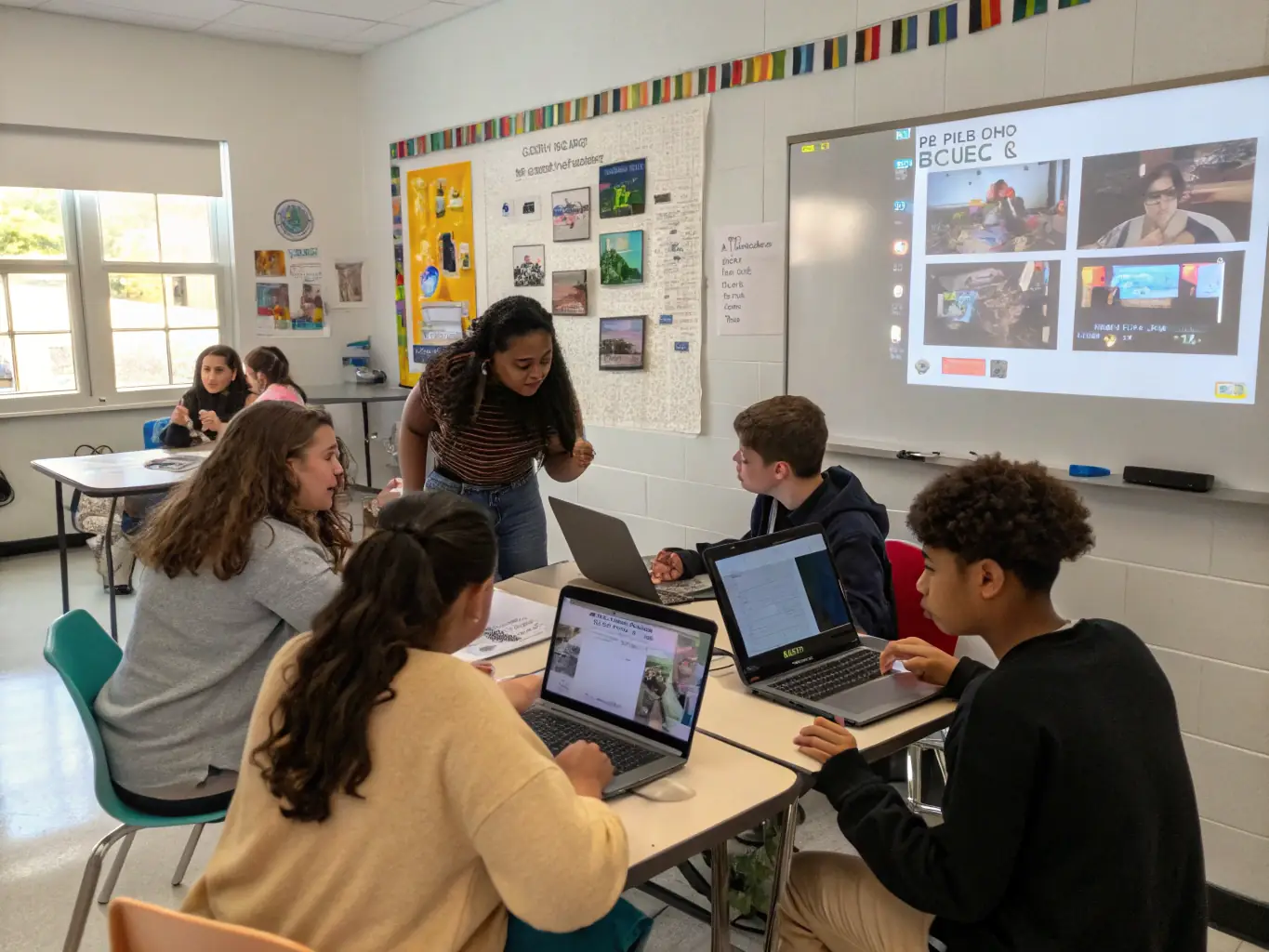 A diverse group of students collaborating on financial planning, using laptops and discussing investment strategies in a modern, well-lit study area.