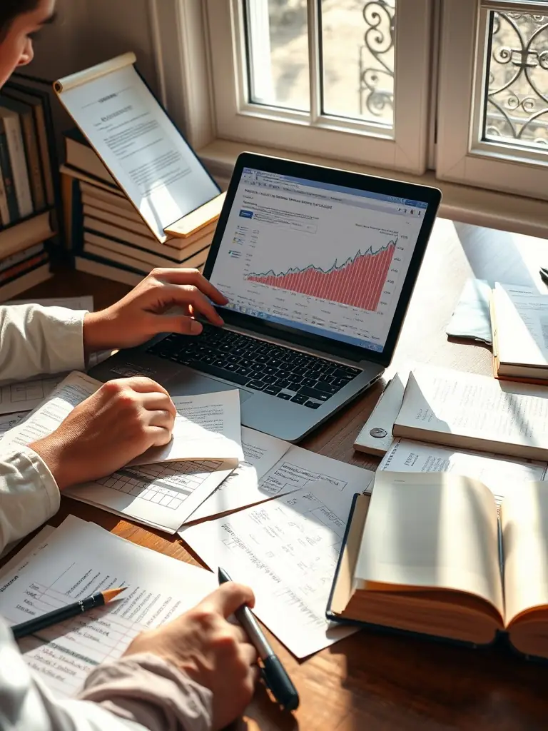 A student studying at a desk with a laptop, researching investment options, with charts and graphs subtly displayed on the screen.