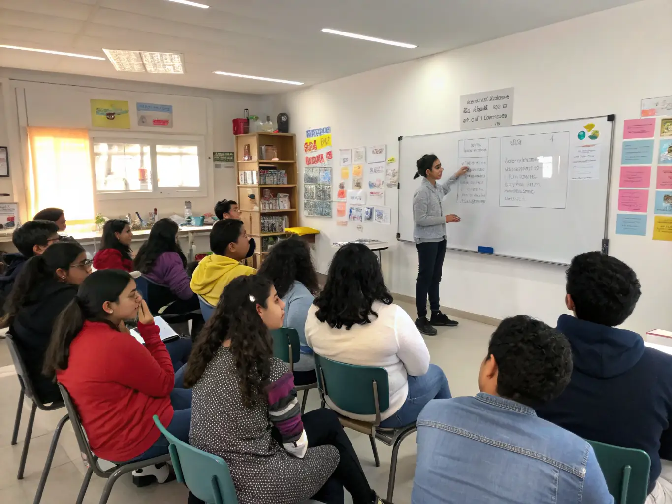 A group of students attending a financial literacy workshop, actively participating in discussions and learning about investment principles and strategies from a financial advisor.
