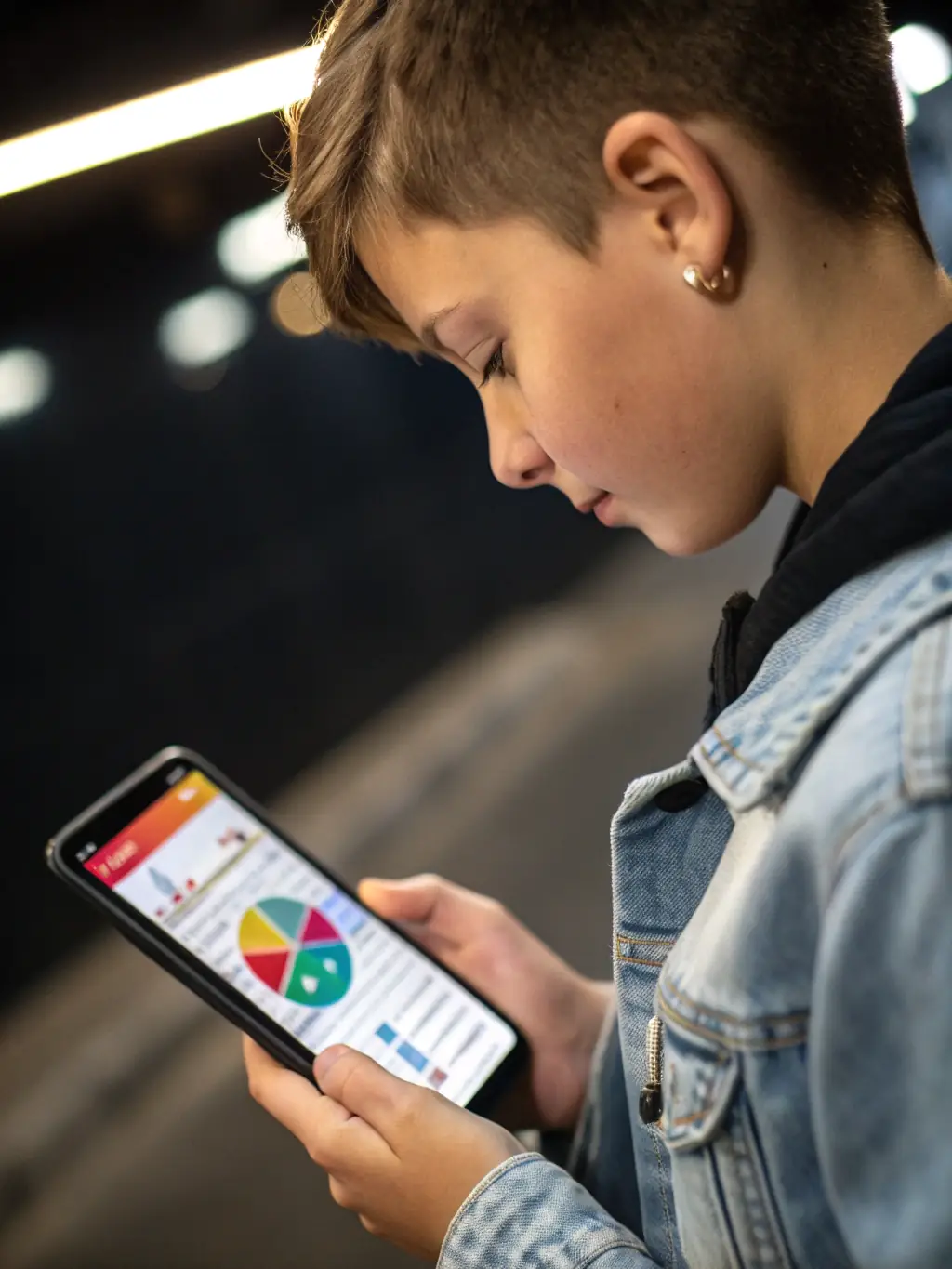 A student budgeting and managing their finances using a mobile app, with visual representations of income and expenses.