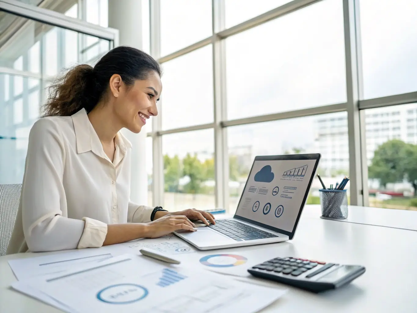A young professional confidently managing their investment portfolio on a tablet in a co-working space, with graphs and charts illustrating financial growth and investment performance.