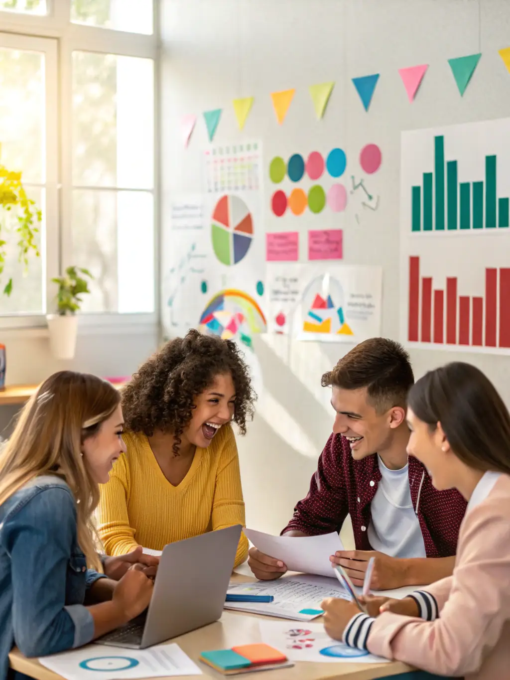 A diverse group of students collaborating on financial planning, with charts and graphs illustrating potential growth scenarios.